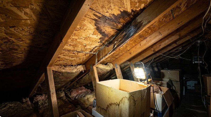 Attic interior lit by a work light showing a dark water stain running down the roof decking and a water-damaged cardboard storage box below