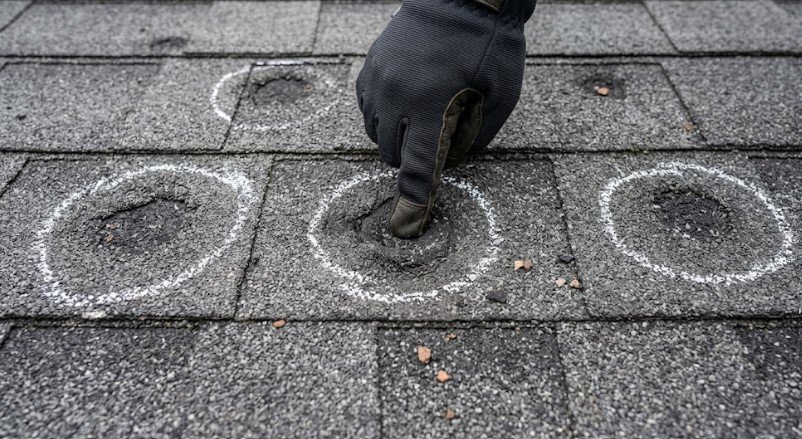 Asphalt shingles with four hail impact bruises circled in white chalk as a roofer presses on one to test for softness