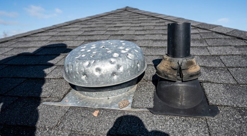 Galvanized roof vent covered in hail dents next to a plumbing pipe boot with a cracked, weathered rubber collar on an asphalt shingle roof
