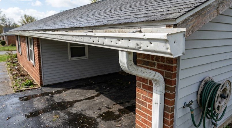 Close-up of a white aluminum gutter covered in hail dents over a carport on a brick ranch home in Louisville, KY