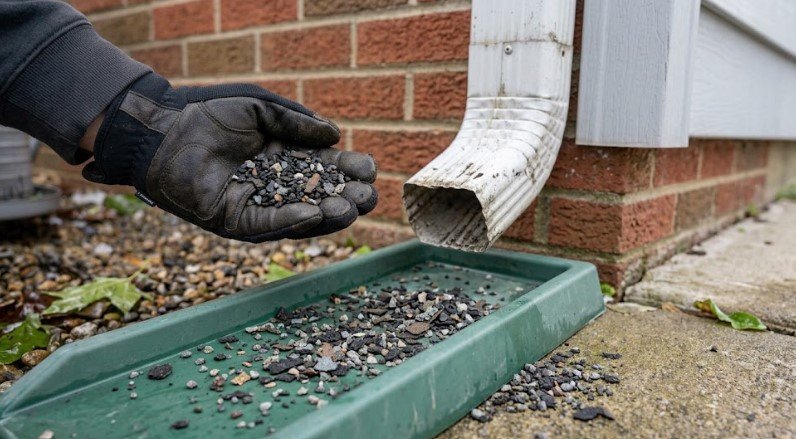 Roofer's gloved hand holding loose asphalt shingle granules collected from a downspout splash block after a hailstorm