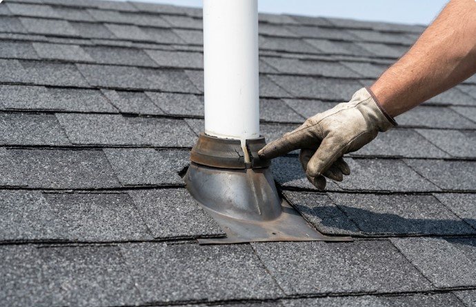 Gloved hand pointing to a split in the cracked rubber collar of a metal plumbing vent boot around a white pipe on a gray asphalt shingle roof.